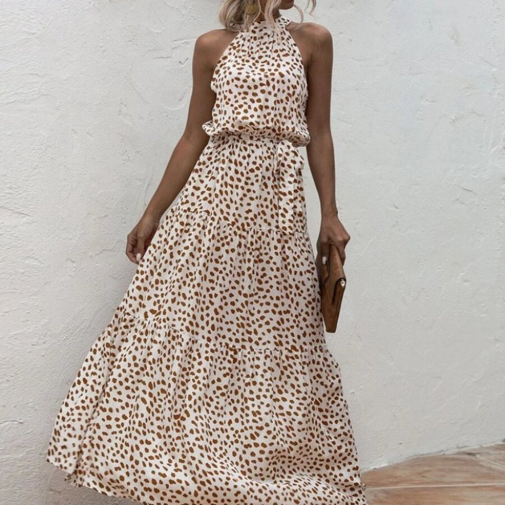 Dalmatian Print Ruffle Hem Belted Halter Dress - Picture 2 of 9